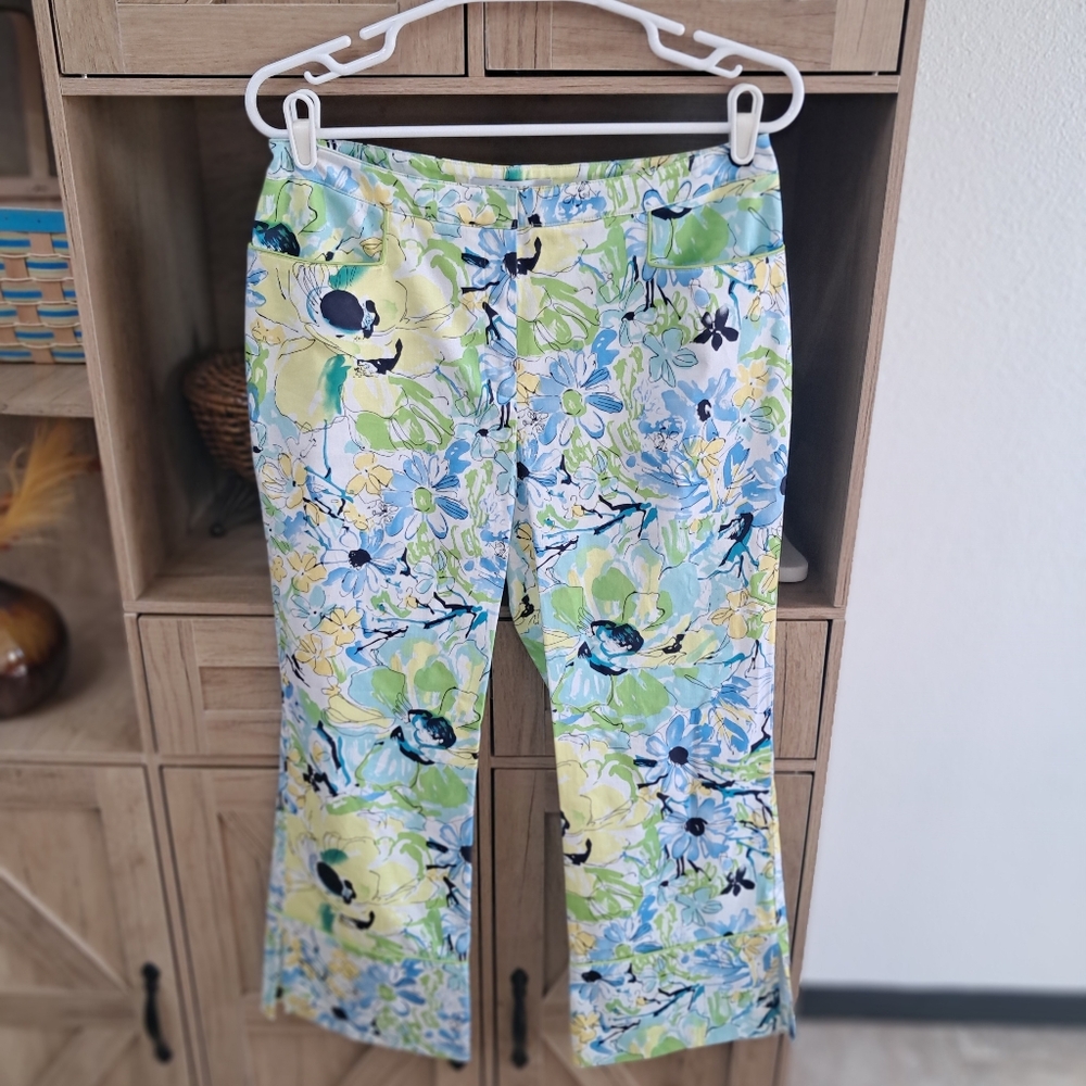 Nine & Company Floral Cropped Pants Ankle Mid Rise Blue Green Yellow Career 10